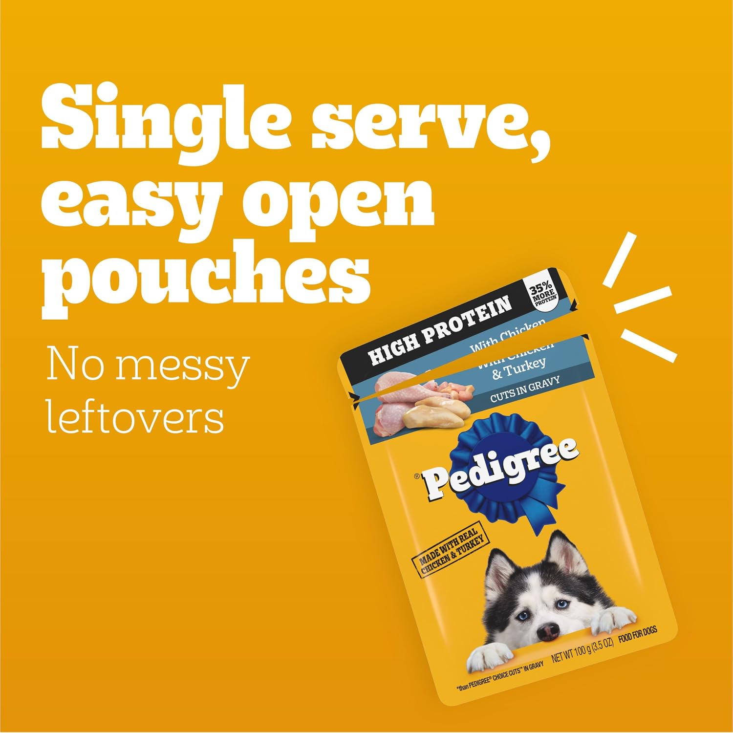 Close up of Pedigree high protein chicken recipe wet dog food pouch