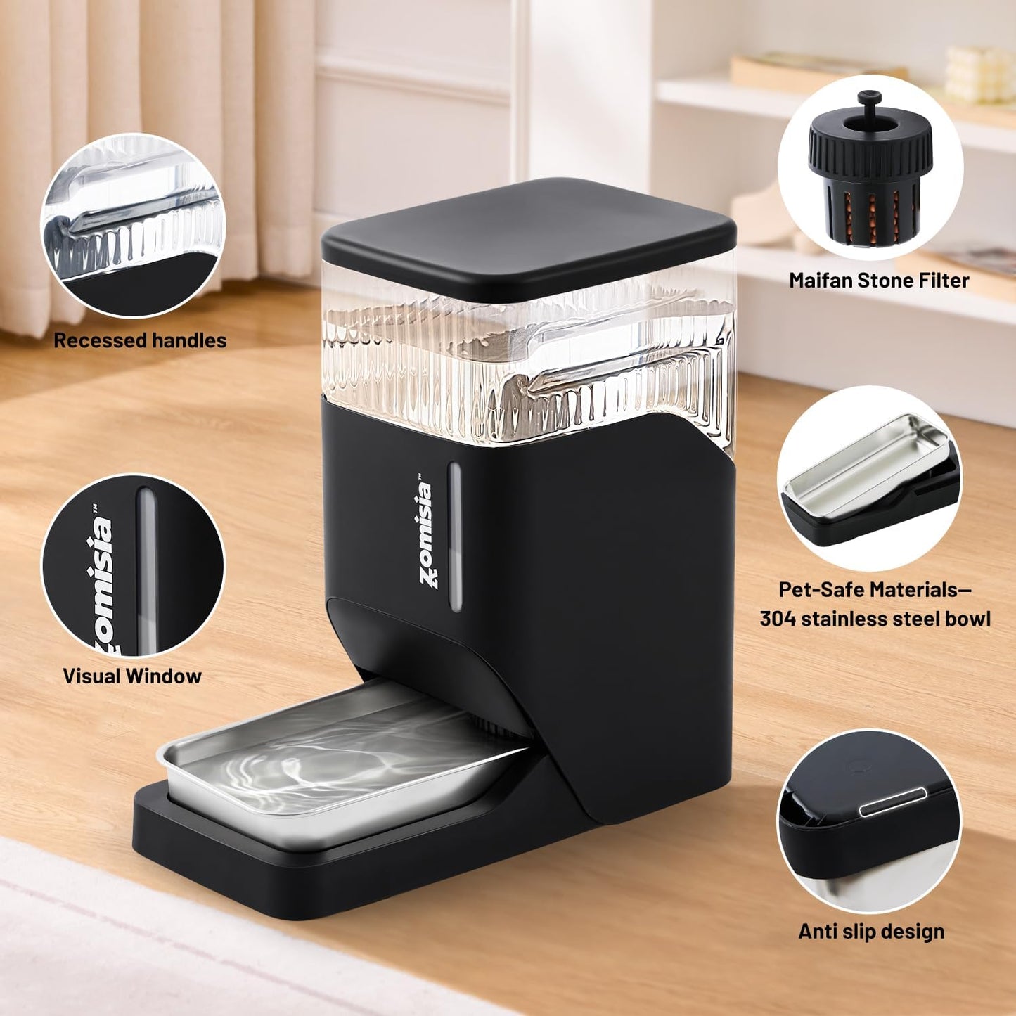 ZOMISIA electricity free pet water dispenser showcasing the integrated Maifan stone filter