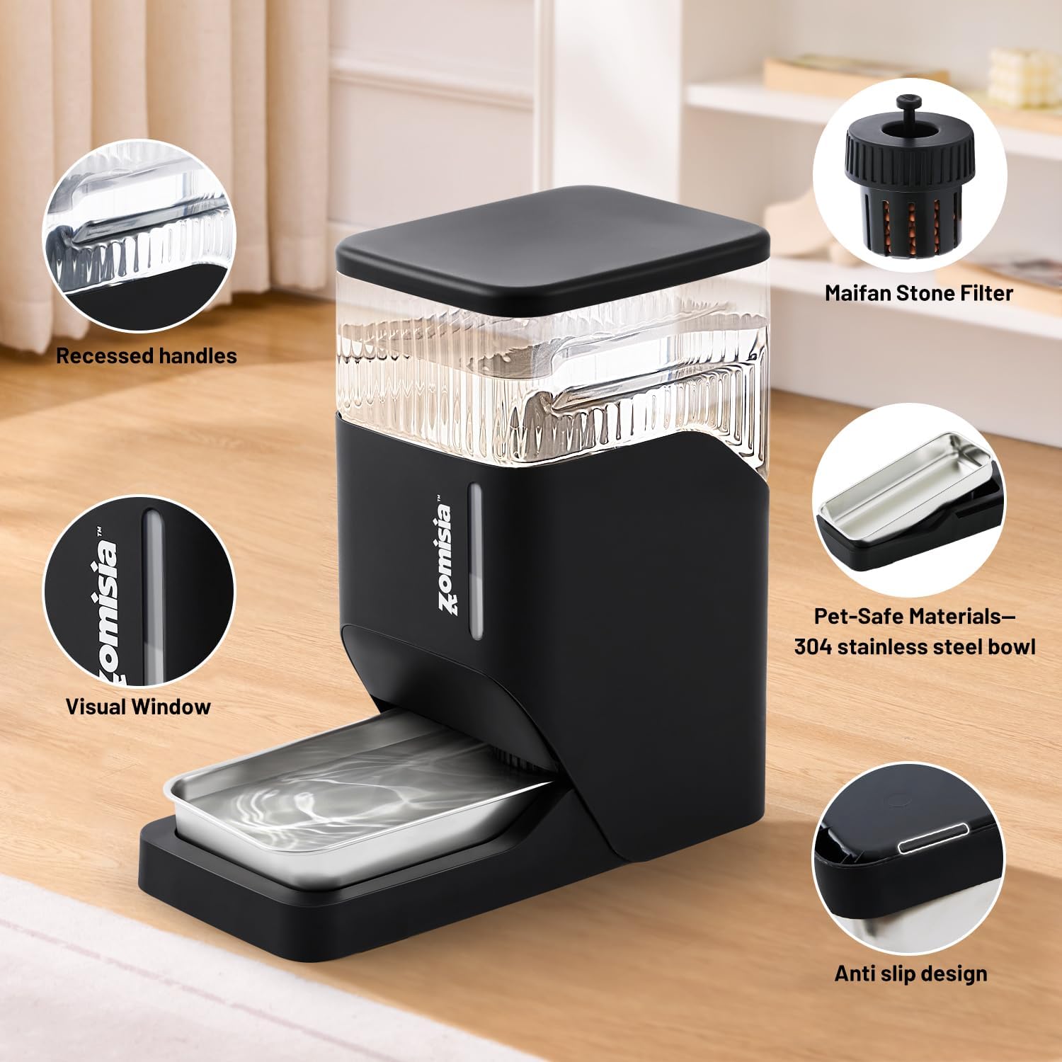 ZOMISIA electricity free pet water dispenser showcasing the integrated Maifan stone filter