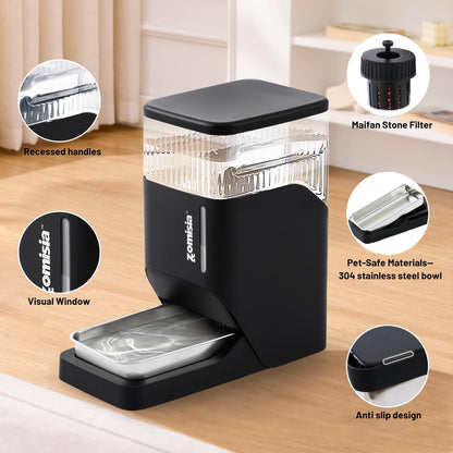 ZOMISIA electricity free pet water dispenser showcasing the integrated Maifan stone filter