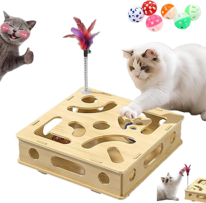 CHIZISX Cat Scratch Puzzle Enrichment Box front view showing premium wooden maze design.