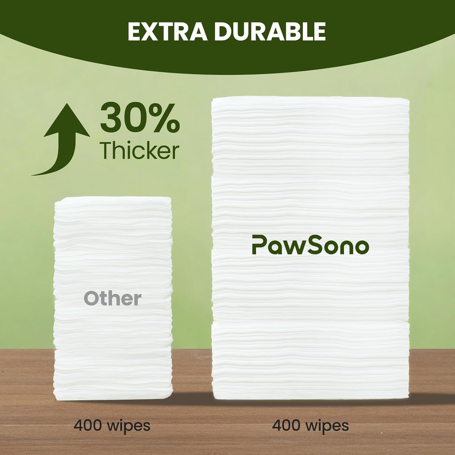 Extra large and thick pet deodorizing wipe covering a human palm.