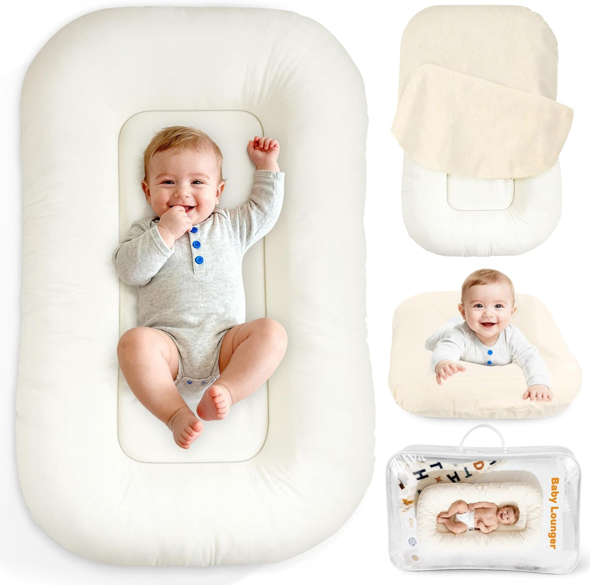 Idudbid baby lounger front view of the white portable infant nest