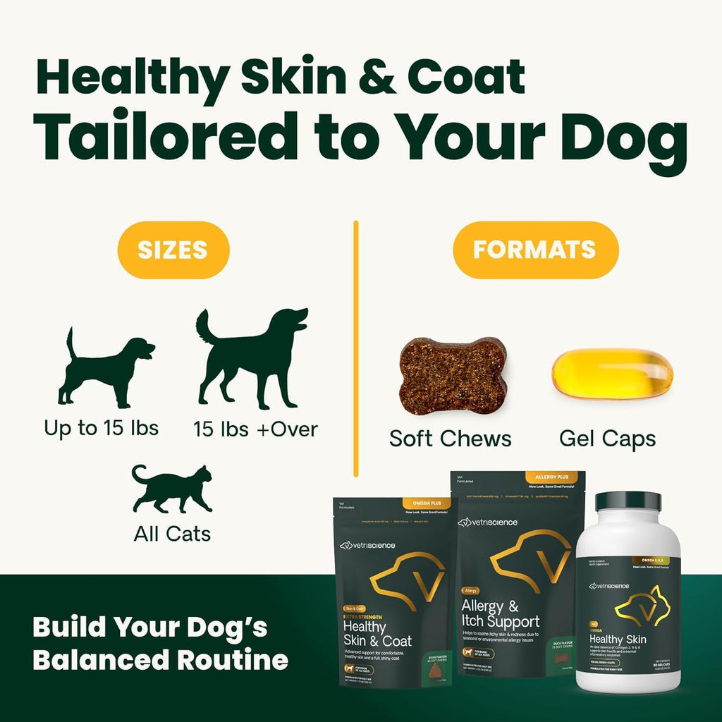 Omega 3 6 9 fish oil capsules for soothing dry itchy pet skin.