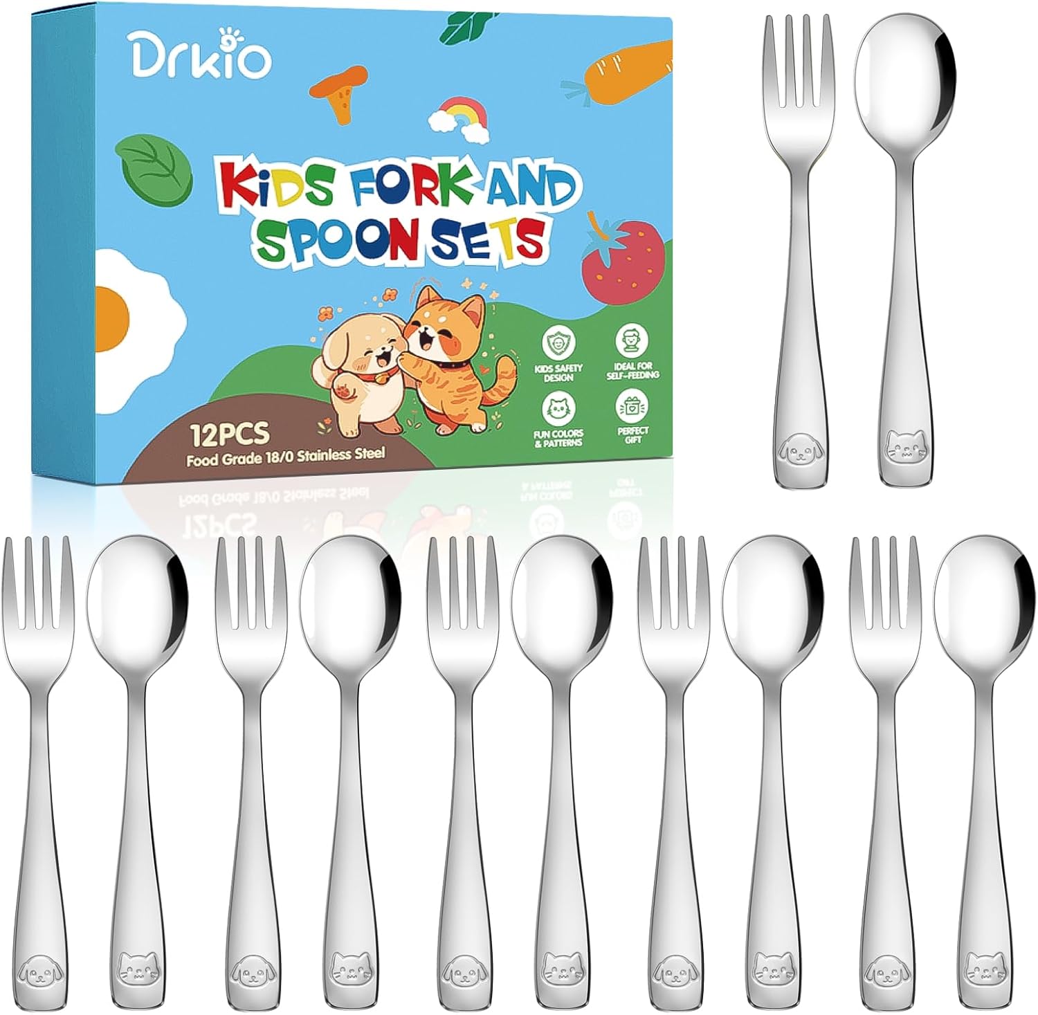 Drkio stainless steel toddler utensils 12 piece set front view