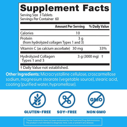 Doctor's Best Collagen Peptides Types 1 & 3 - Collagen Supplement for Women & Men, Supports Hair, Skin, Nails, & Joint Health, Includes 30 mg Vitamin C & 3 g Protein Per Serving, Non GMO - 180 Tablets - Image 4
