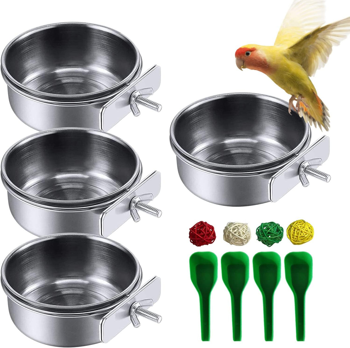 Kathson stainless steel bird bowls front view with clamp holder