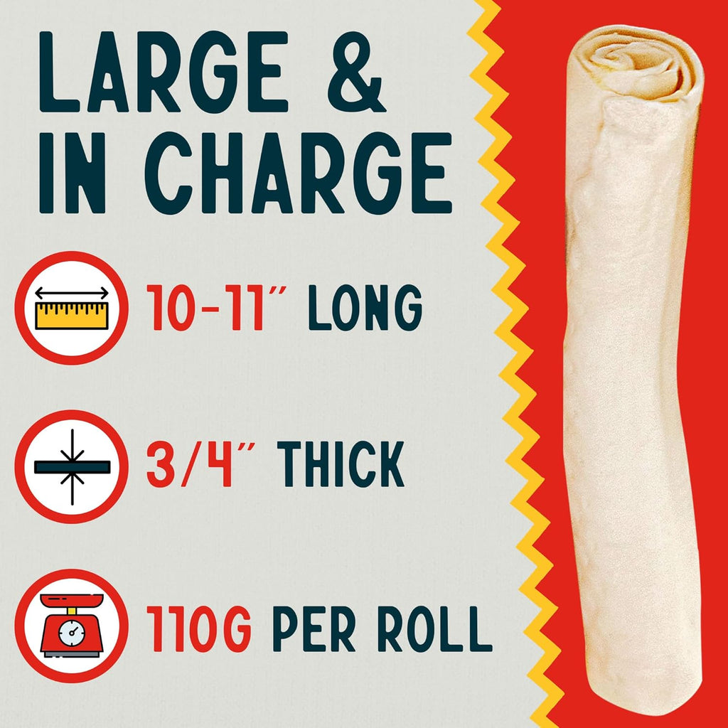 Premium ten to eleven inch natural rawhide chews for aggressive chewers.