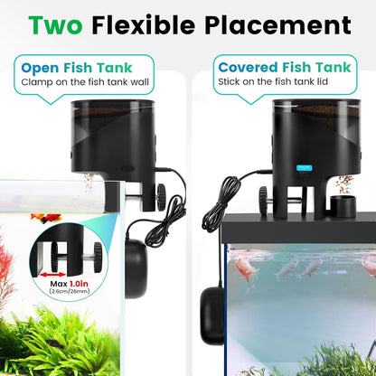 Fishkeeper smart aquarium feeder side view highlighting the integrated high-definition two point five K camera lens.