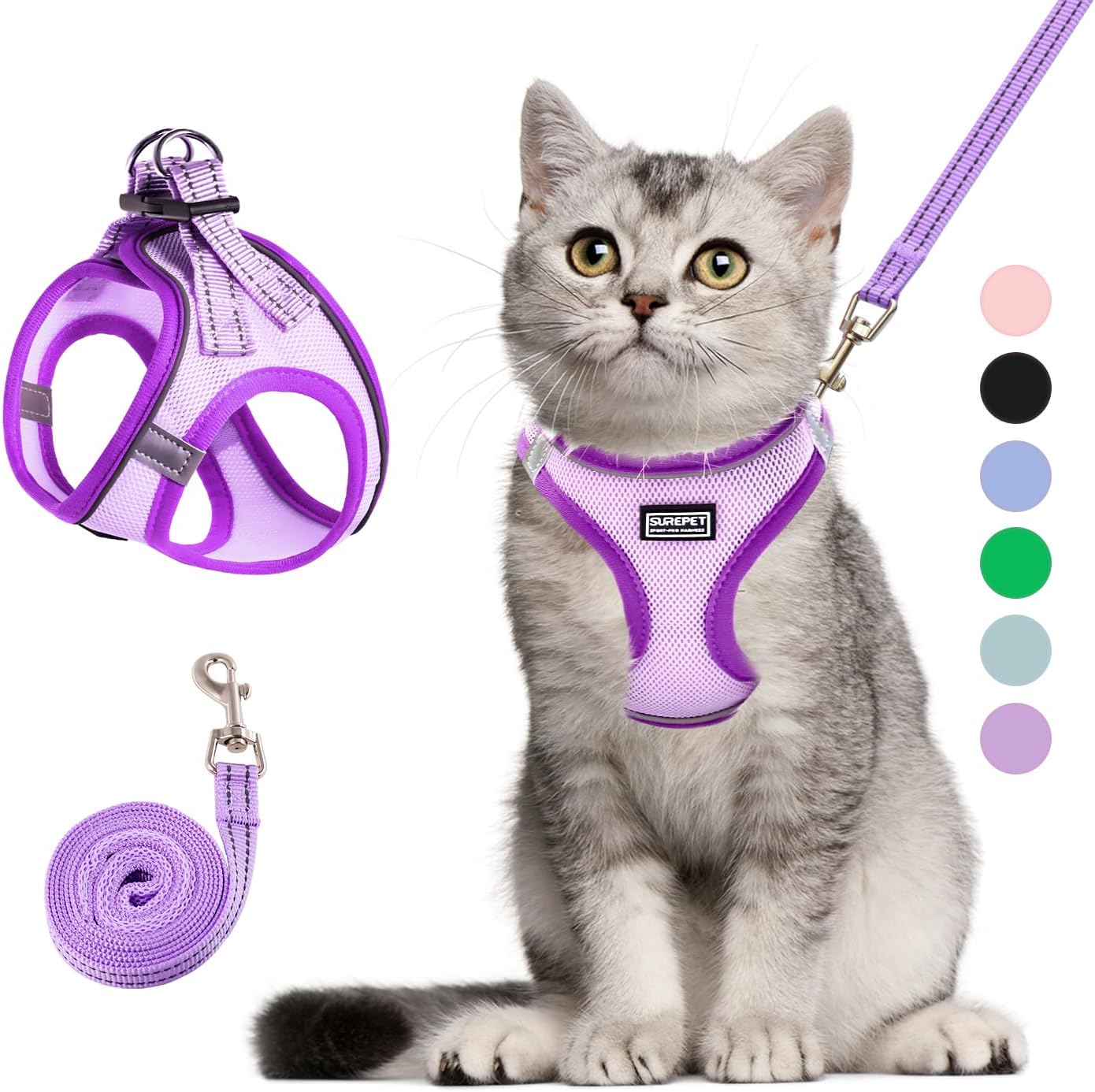Rishav Pet Care cat harness and leash set purple front view comfortable escape proof vest