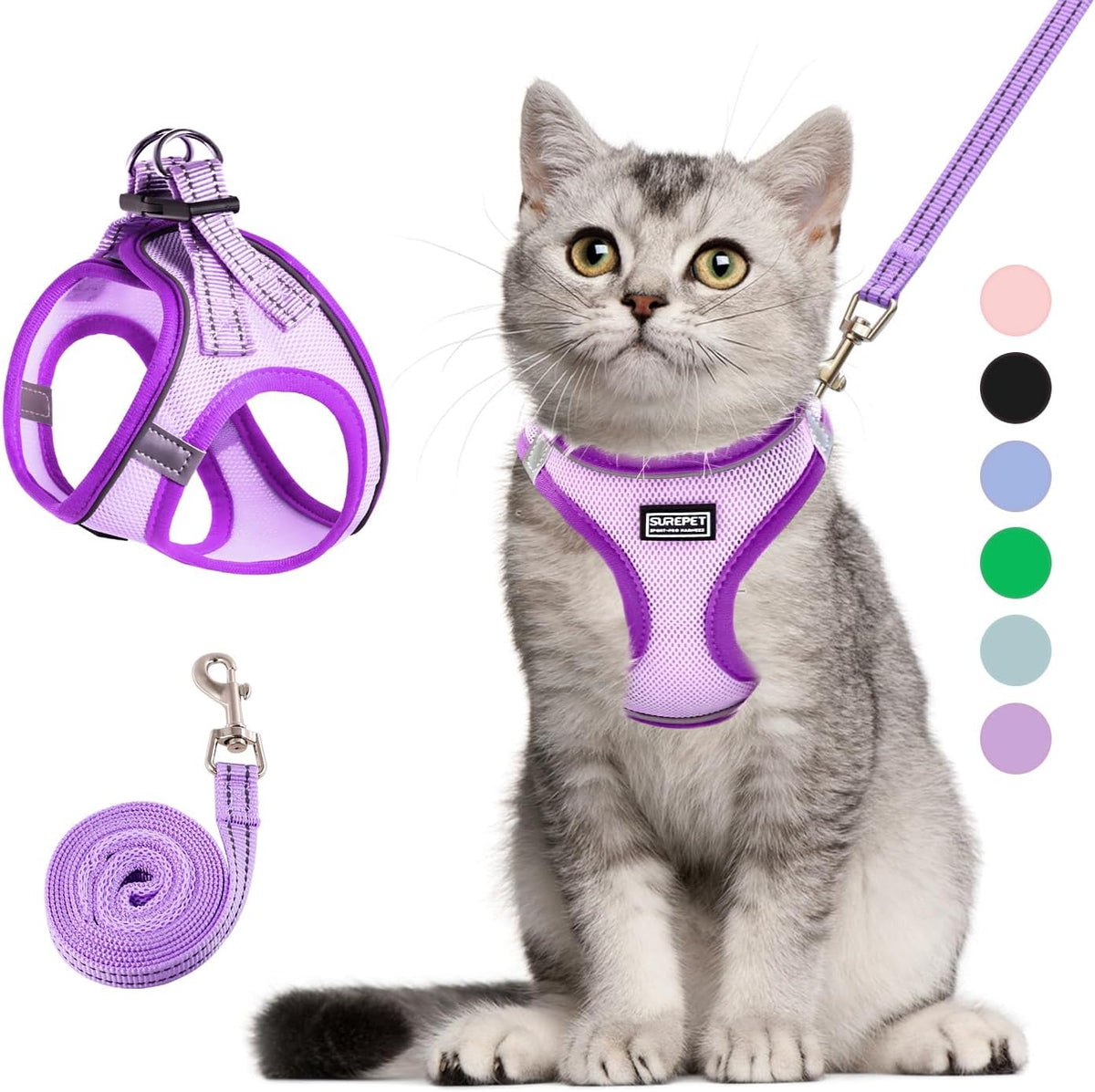 Rishav Pet Care cat harness and leash set purple front view comfortable escape proof vest