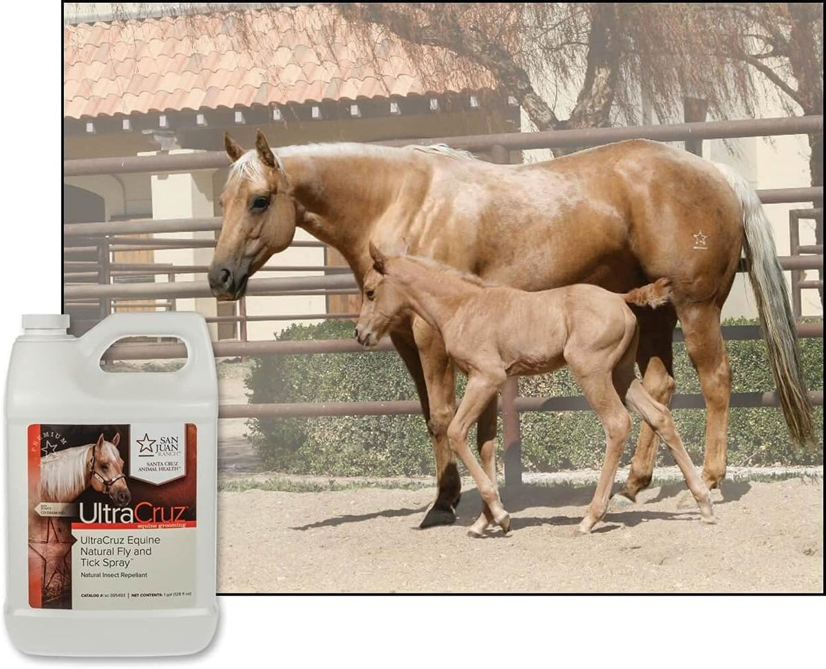Pesticide free equine fly and tick spray side profile view showing safety seals