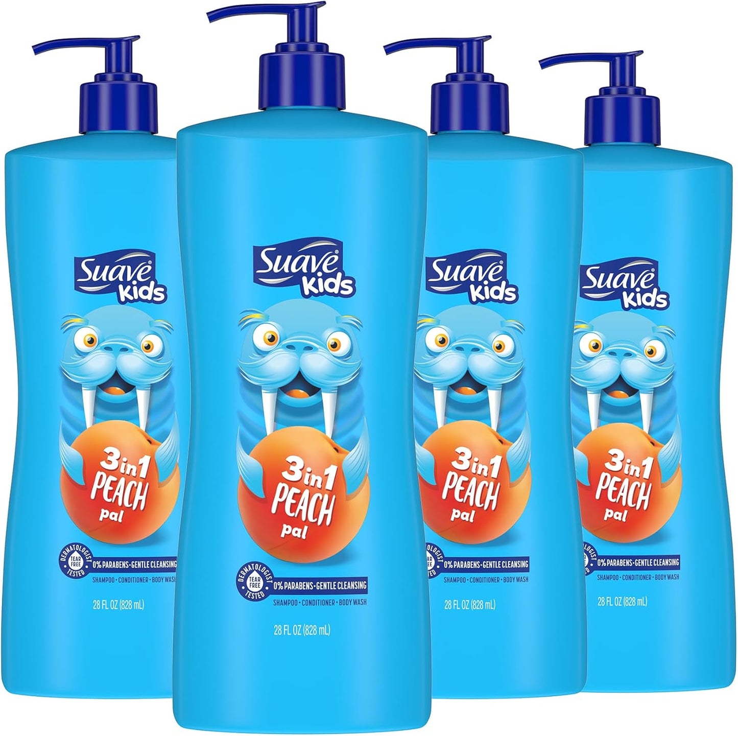 Suave Kids 3-in-1 Peach Pal front view showing the blue pump bottle with Raffi the Walrus character.