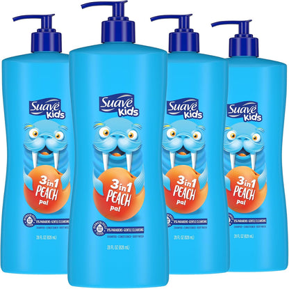 Suave Kids 3-in-1 Peach Pal front view showing the blue pump bottle with Raffi the Walrus character.