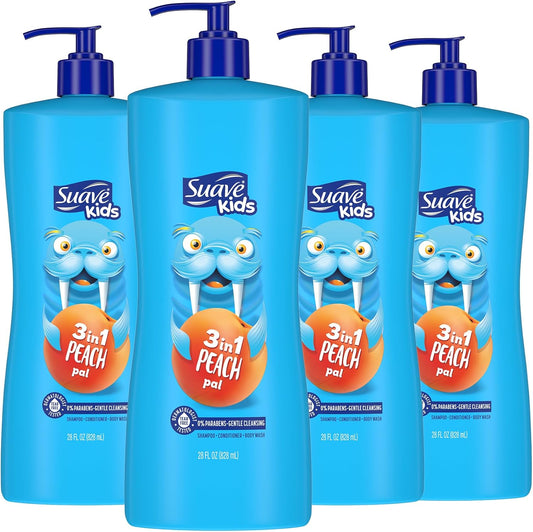 Suave Kids 3-in-1 Peach Pal front view showing the blue pump bottle with Raffi the Walrus character.
