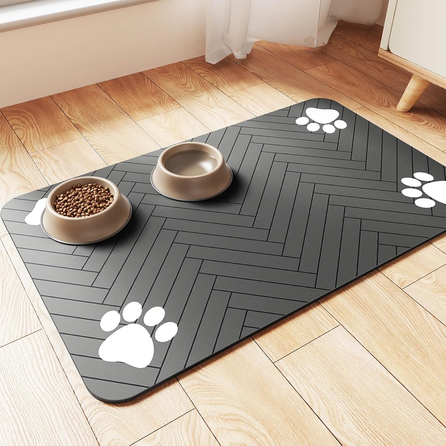 Dk177 Pet Feeding Mat Striped Dark Gray front view for food bowls