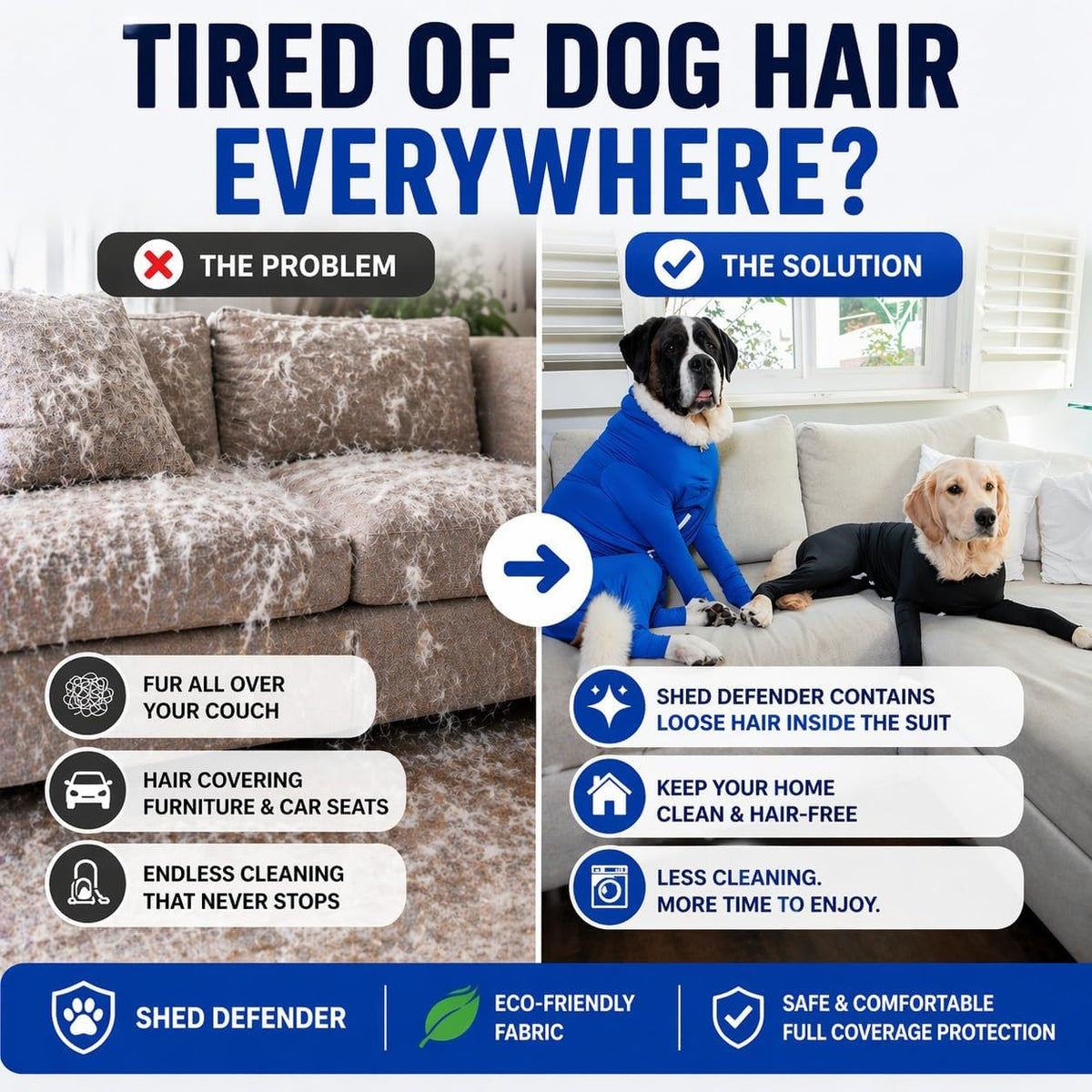 Shed Defender breathable pet jumpsuit for car travel mess control.