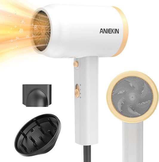 ANIEKIN Hair Dryer white and gold front view showcasing sleek design and premium finish