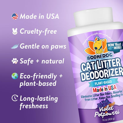 Natural cat litter deodorizer powder violet potpourri scent sixteen ounce bottle