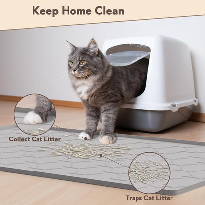 Close up of premium non slip gray silicone pet feeding mat surface holding cat food bowls