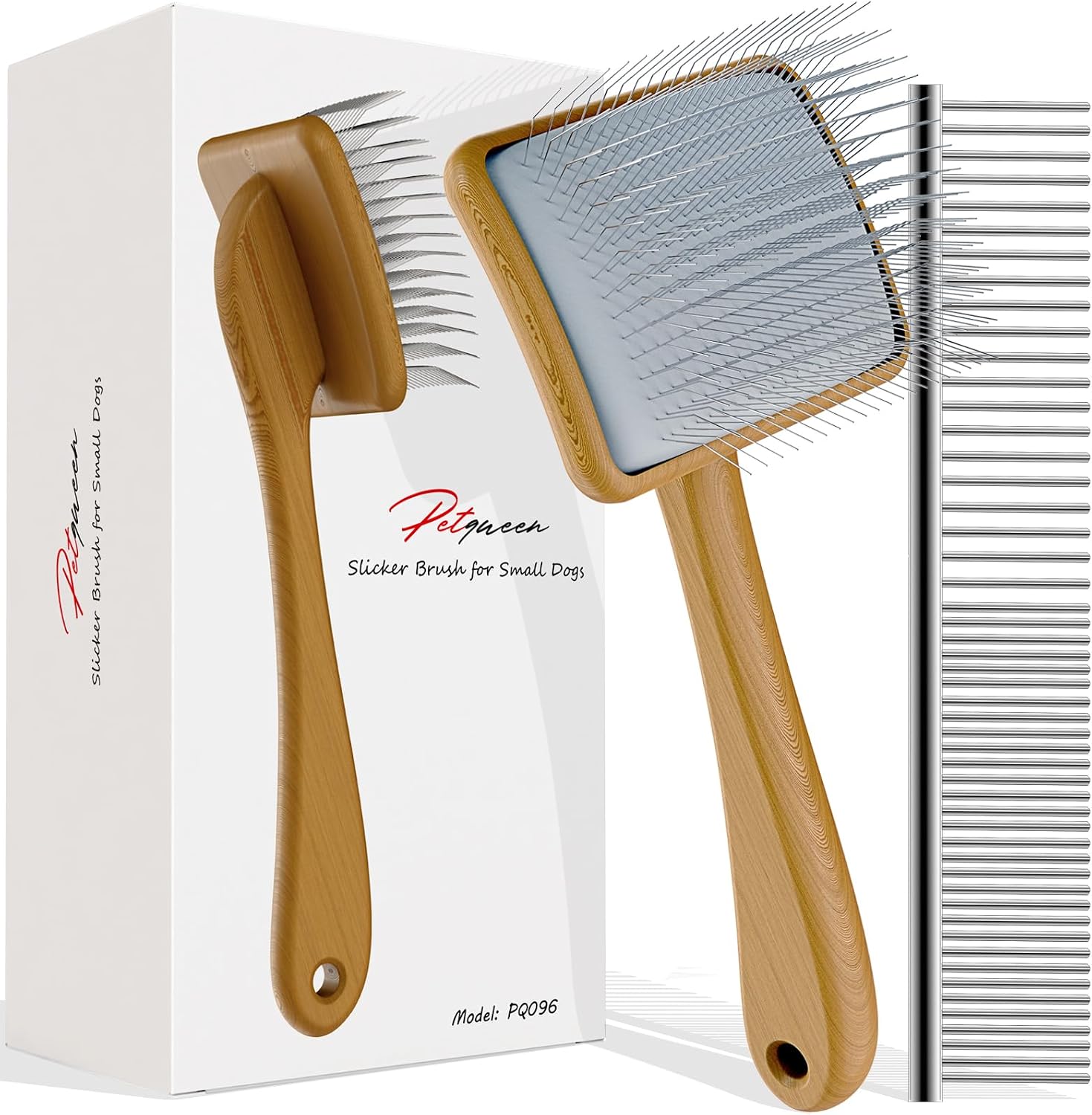 Petqueen wood body pet grooming tool showing accurate dimensions of the brush head