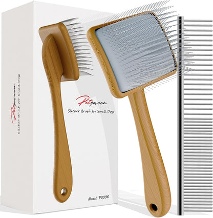 Petqueen wood body pet grooming tool showing accurate dimensions of the brush head