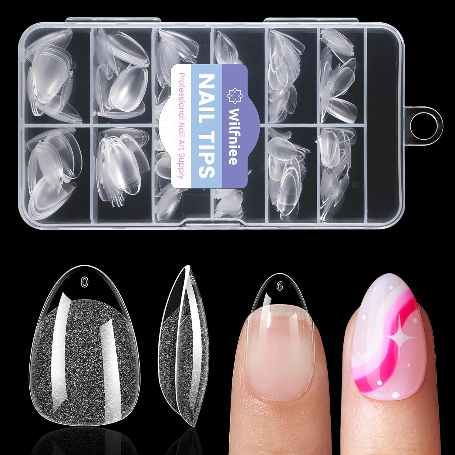 Wilfniee Extra Short Almond Nail Tips front view of storage box