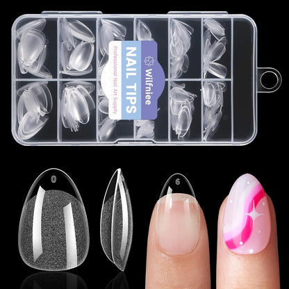 Wilfniee Extra Short Almond Nail Tips front view of storage box