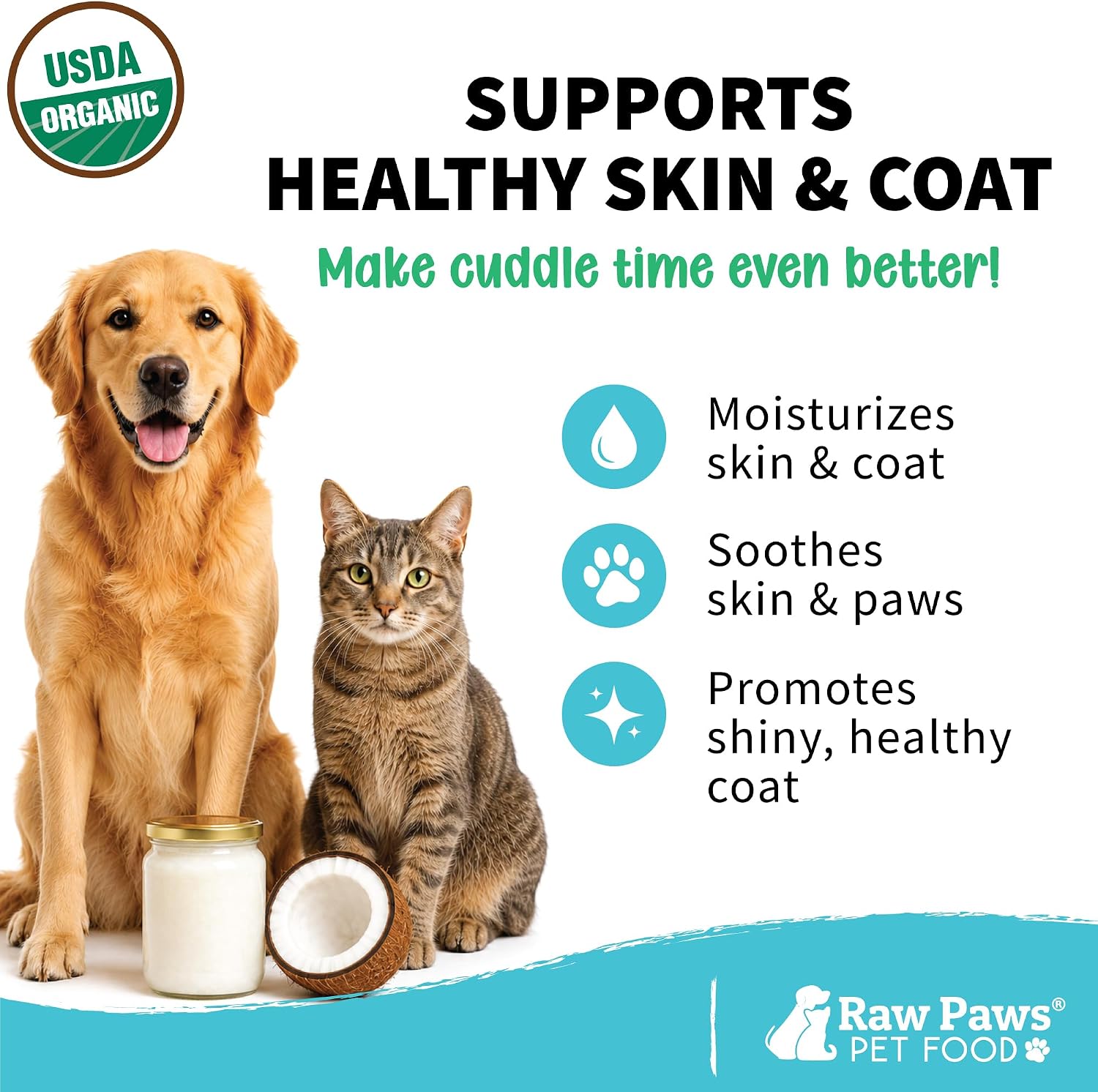 Raw Paws pet coconut oil supplement jar placed next to a dog to show sizing