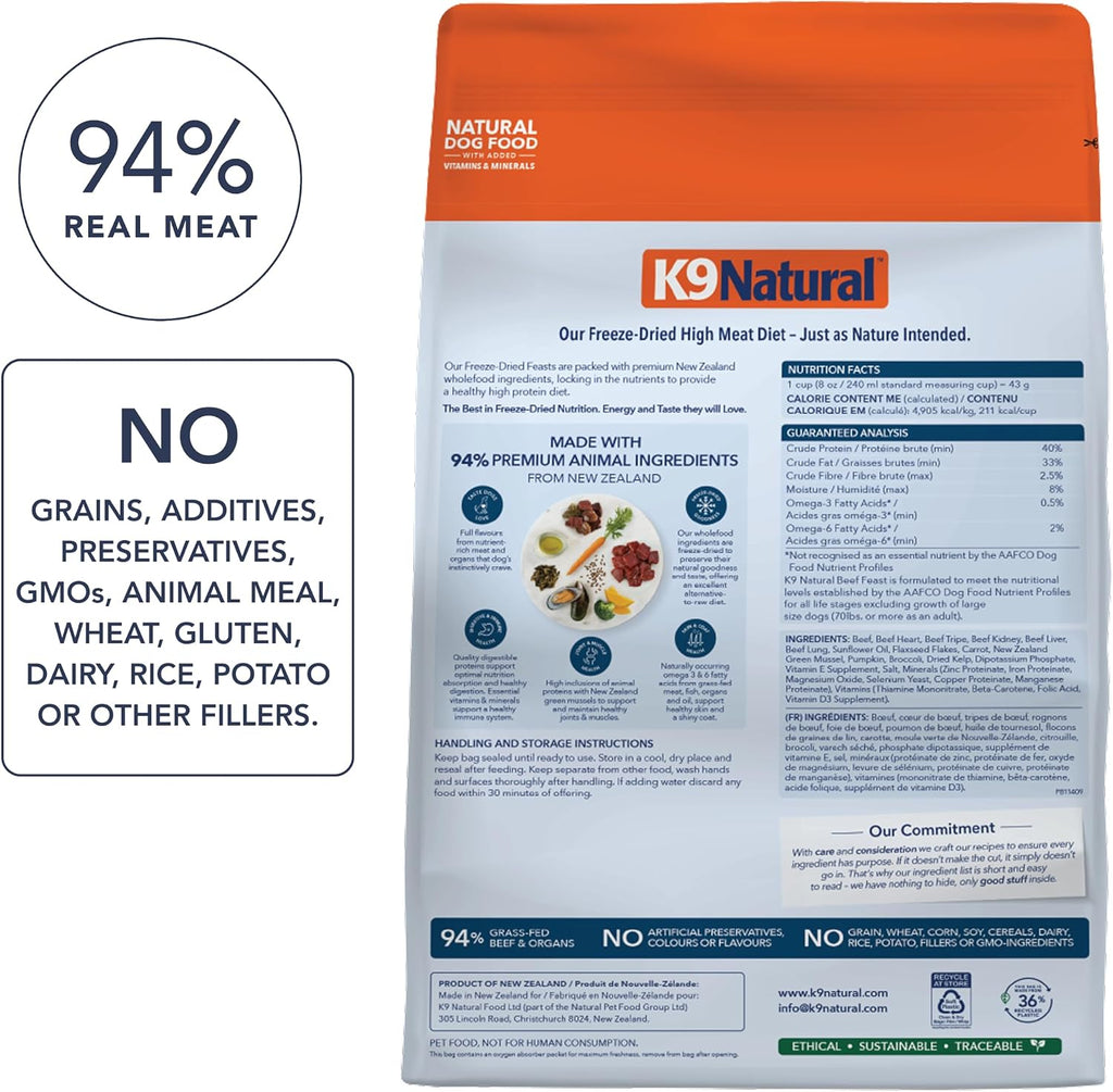 K9 Natural 17.6 ounce package ingredient highlights