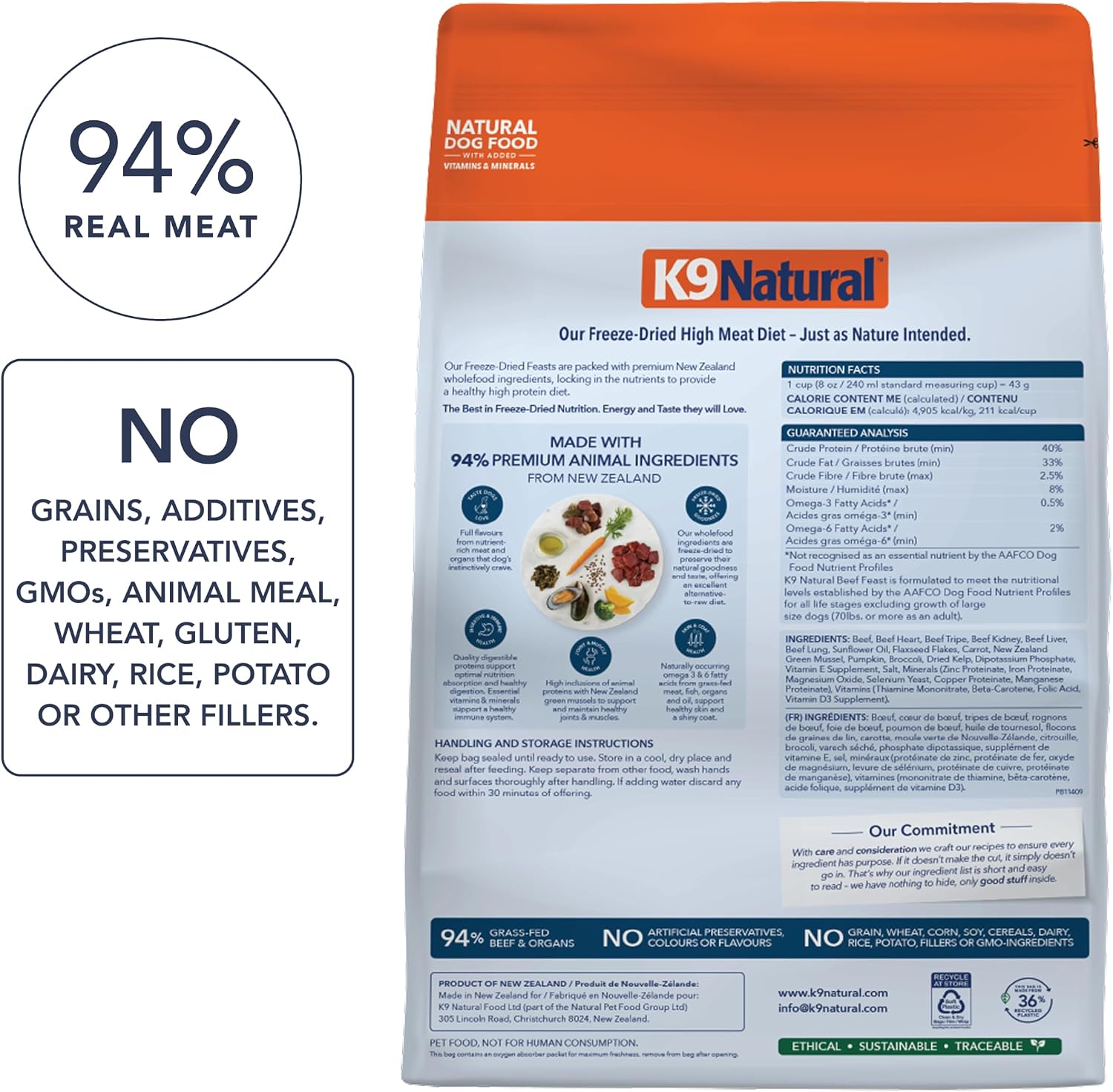 K9 Natural Beef Feast raw dog food bag showing New Zealand grass-fed label