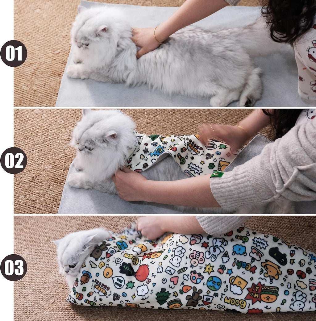 Pet restraint swaddle for medicine administration and ear cleaning for adult cats