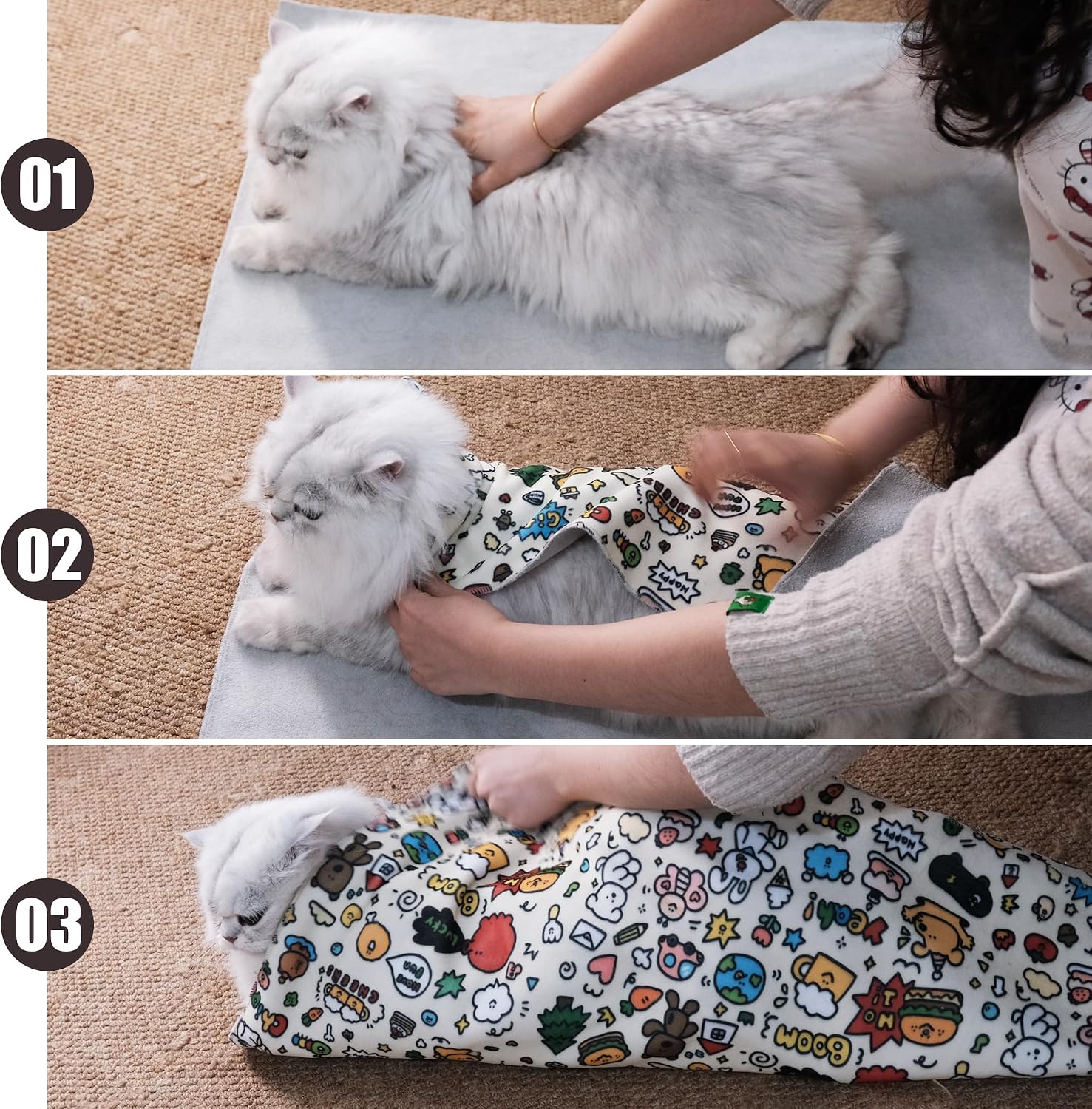 Pet restraint swaddle for medicine administration and ear cleaning for adult cats