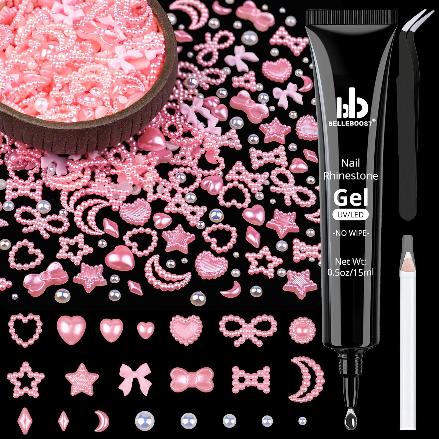 Belleboost 600 piece 3D nail charm and pearl kit front view
