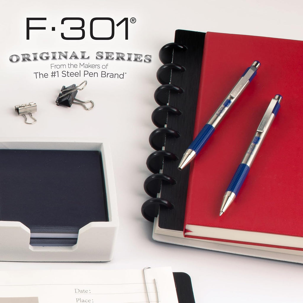 Zebra Pen F-301 Ballpoint Blue Ink Fine Point 0.7mm Pen, Easy-Glide Ink, Stainless Steel Retractable, Non-Slip Grip, Professional Design, Ideal for Office, Journal and Planner Use, 2-Pack (27122) - Image 6