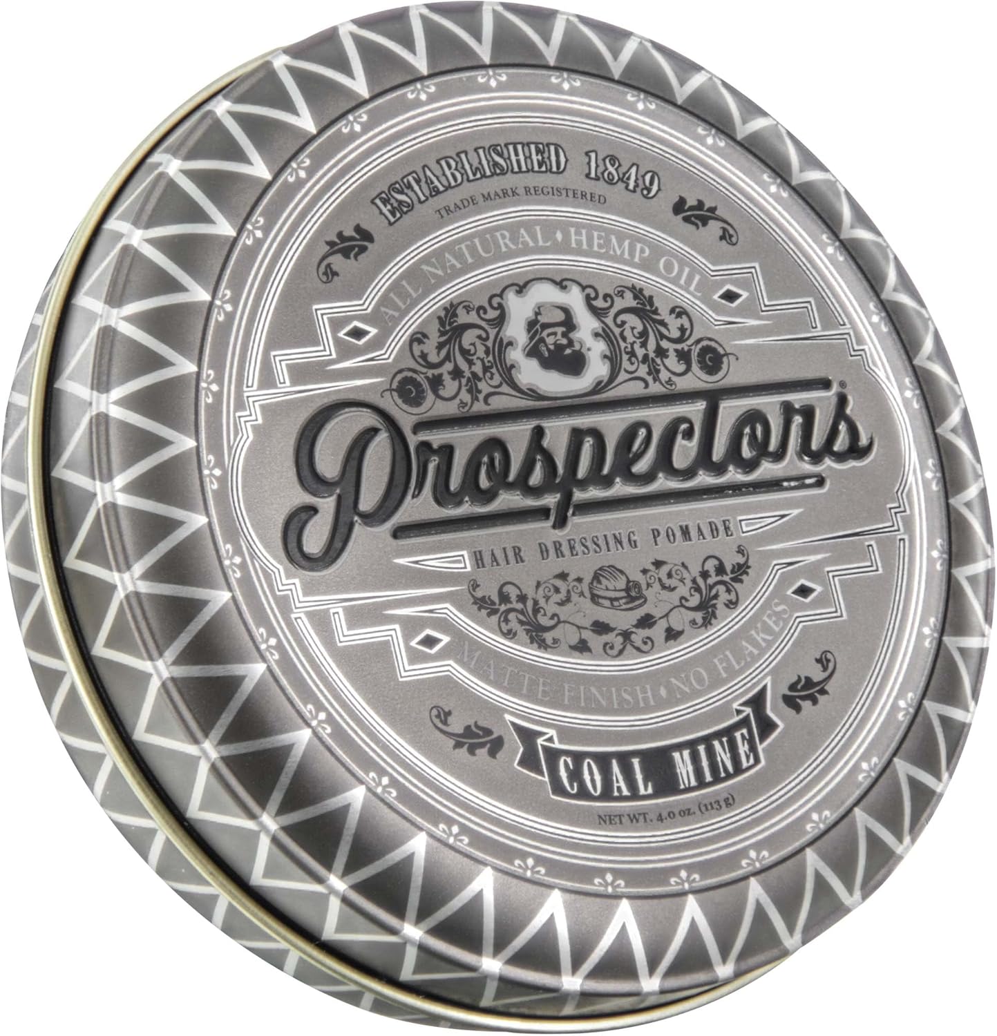 Prospectors Coal Mine Matte Clay Pomade front view vintage grey tin