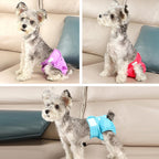 Three pack of Wegreeco premium reusable dog panties in varied bright colors laid out flat showing tail holes.