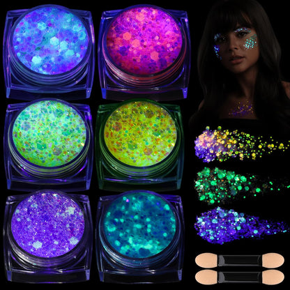 Teenitor 6 Colors Glow in the Dark Glitter Gel front packaging view showing six colorful cosmetic jars
