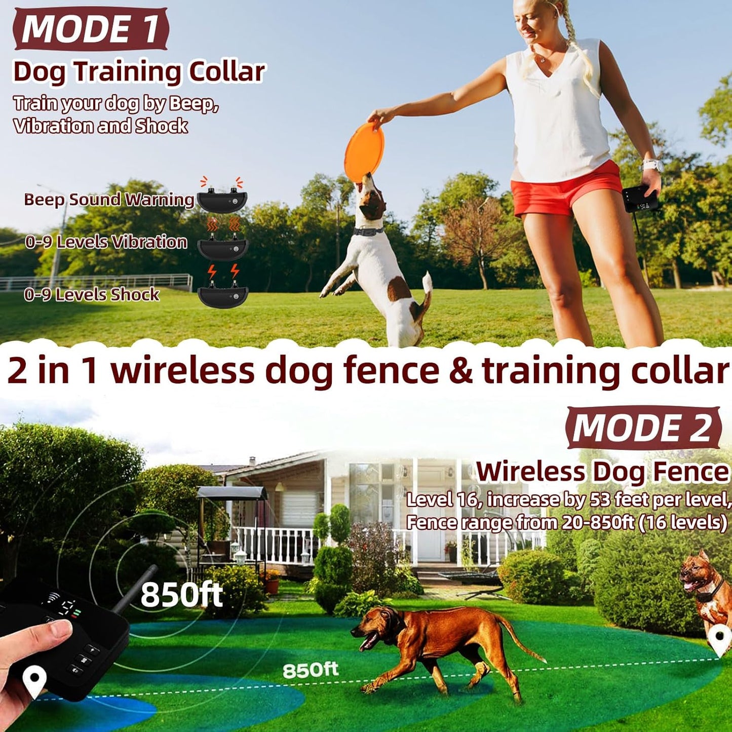 Handheld remote control for the wireless dog fence showing the adjustable level buttons and mode indicators