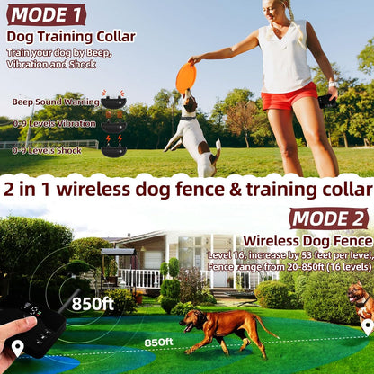 Handheld remote control for the wireless dog fence showing the adjustable level buttons and mode indicators