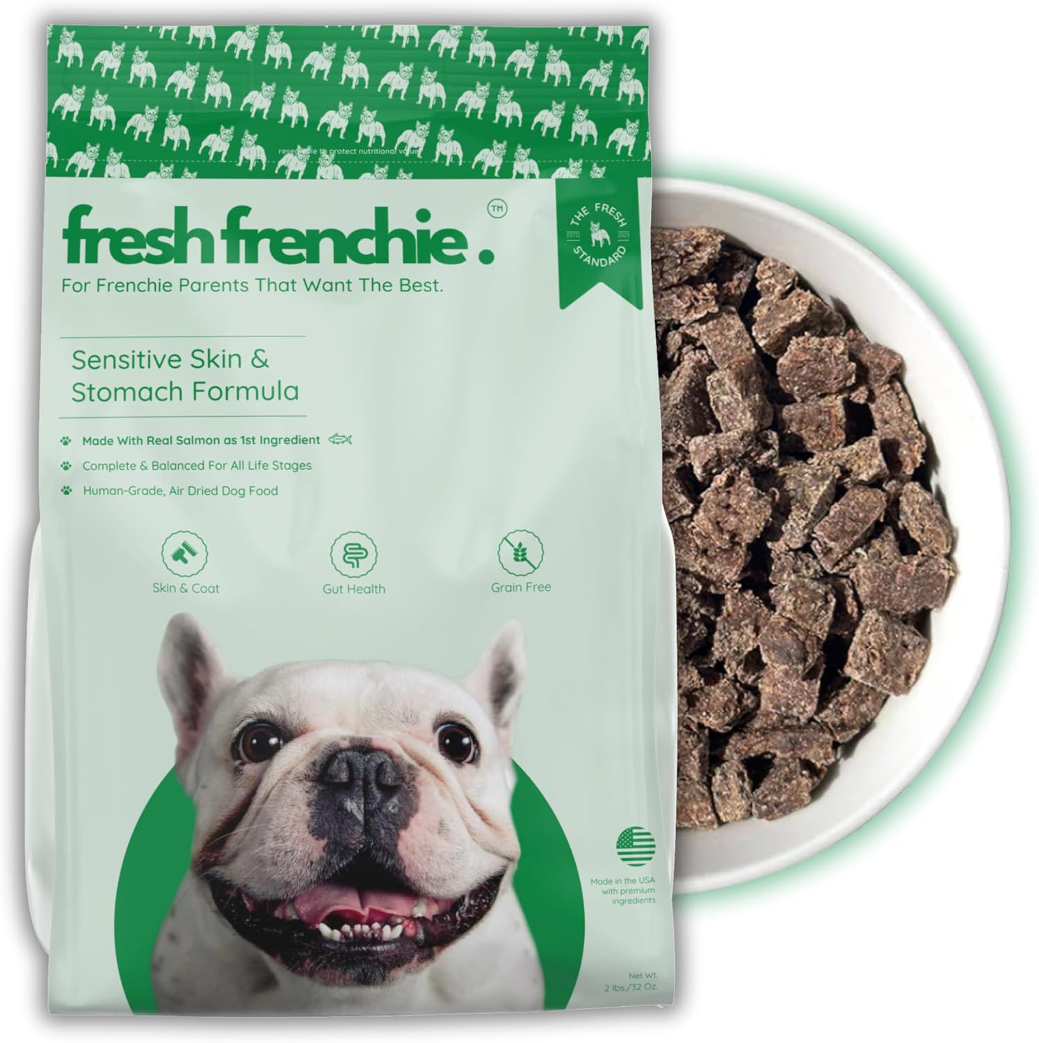 Fresh Frenchie Air Dried Dog Food front packaging view showcasing salmon and superfoods formula for French Bulldogs