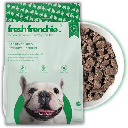 Fresh Frenchie Air Dried Dog Food front packaging view showcasing salmon and superfoods formula for French Bulldogs