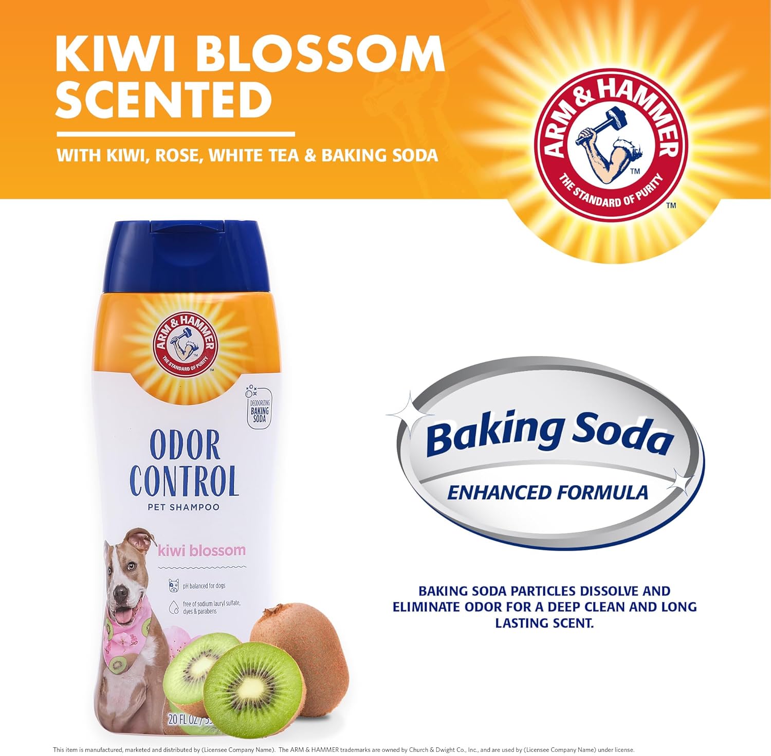 Back of Arm and Hammer pet shampoo bottle with directions