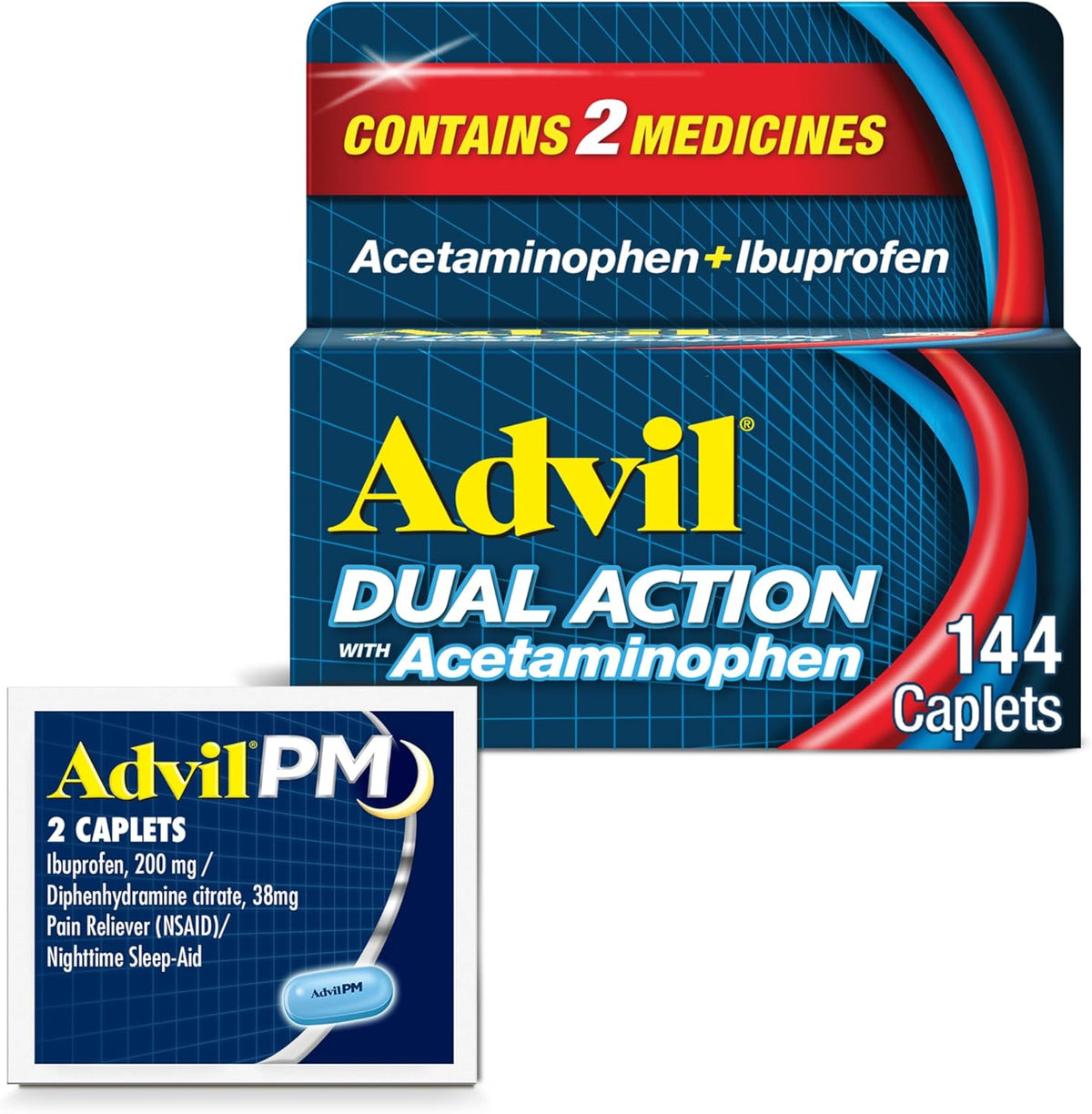 Advil dual action coated 144 caplets with acetaminophen and ibuprofen combination