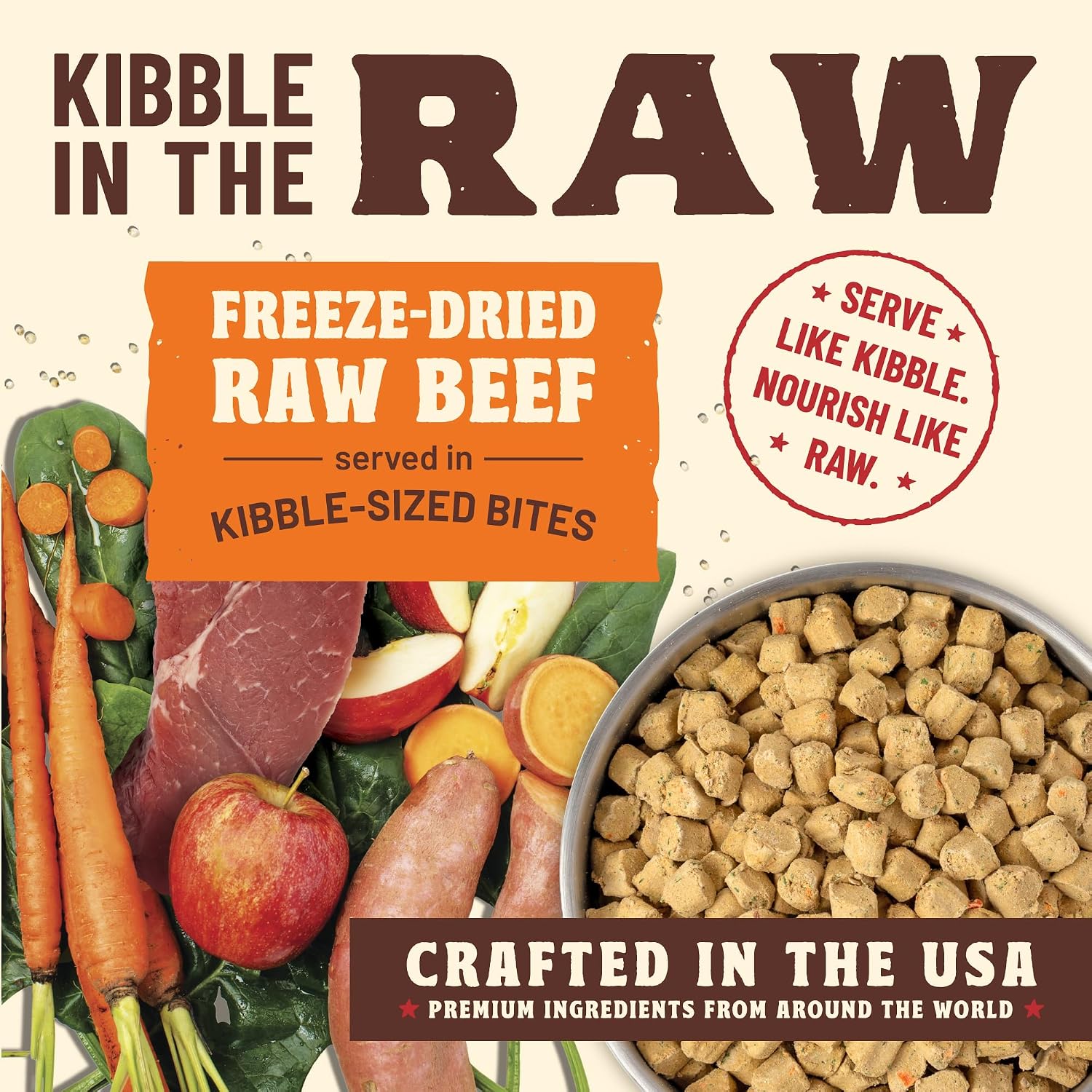 Close up of 1.5 pound bag of Primal freeze dried raw beef recipe dog food showing USA crafted label.