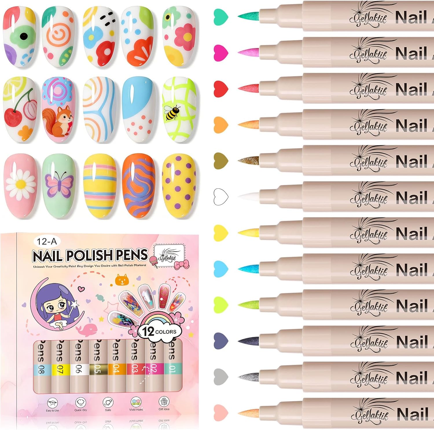 Gellaktik 12 colors nail art pens set front view