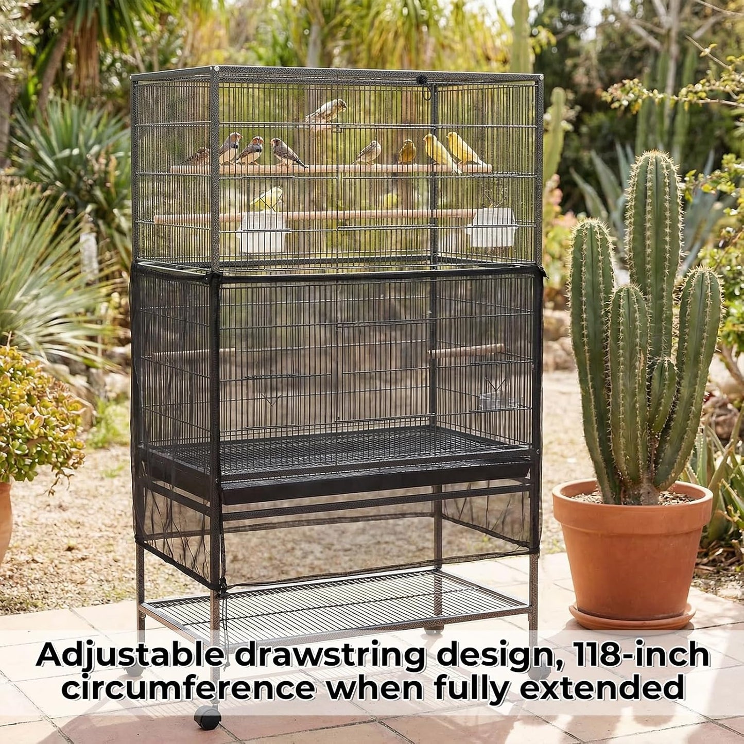 Falzqq birdcage seed catcher preventing scattered bird seed on hardwood floors.