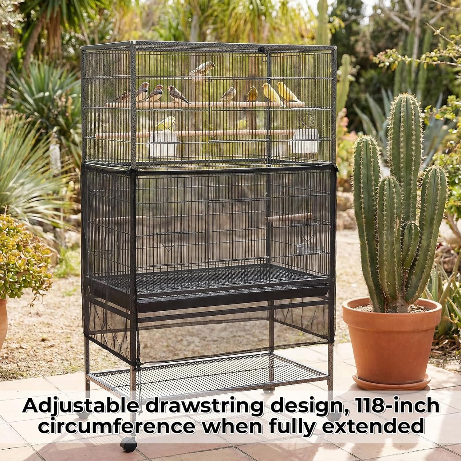 Falzqq birdcage seed catcher preventing scattered bird seed on hardwood floors.