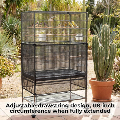 Falzqq birdcage seed catcher preventing scattered bird seed on hardwood floors.