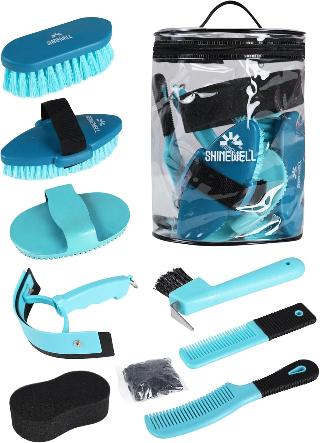 Shinewell horse grooming kit 8 piece blue set front view